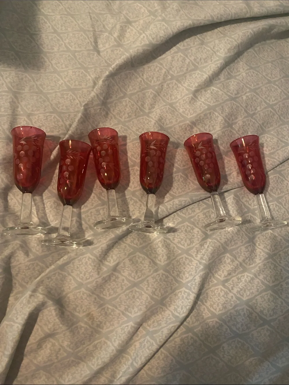 Set of 6 vintage Ruby flash Etched cordial glasses